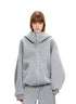 Female model wearing heather gray oversized high neck zip up hoodie in 100% cotton air layer fabric.