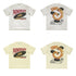 Four phonograph graphic tees in oat grey and milk tea shown front and back.