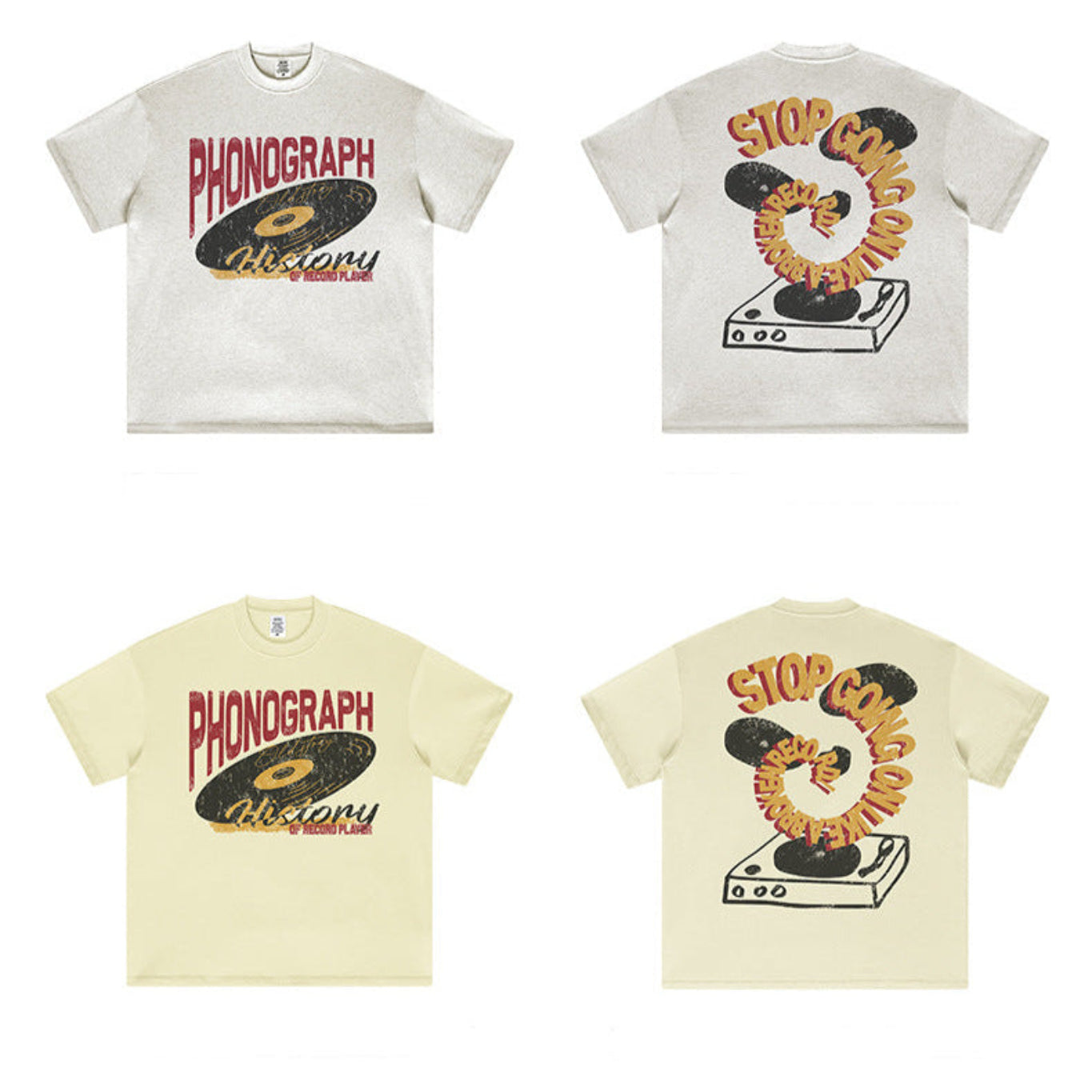 Four phonograph graphic tees in oat grey and milk tea shown front and back.