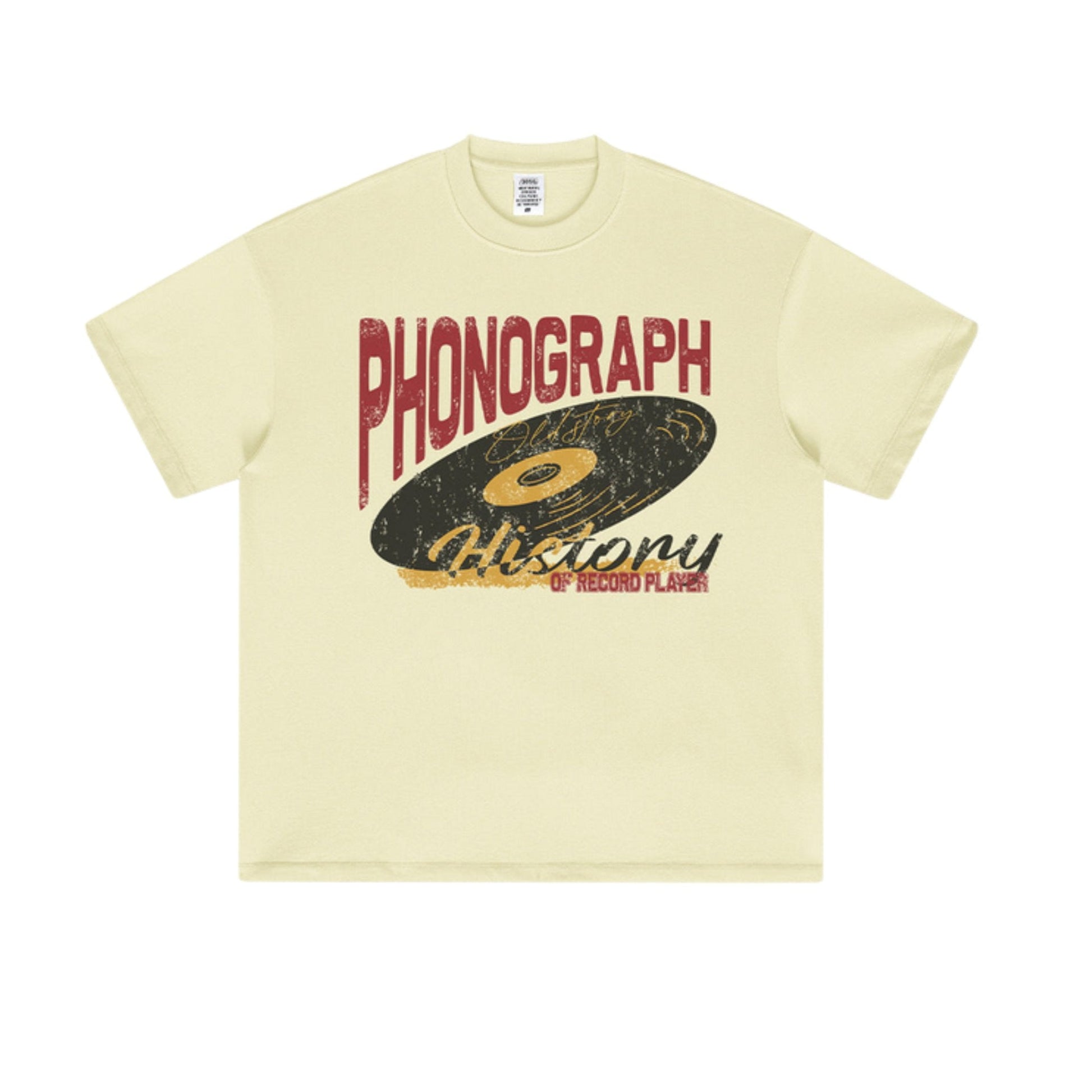 Flat lay of light yellow phonograph graphic tee.