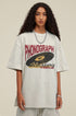 Woman centered in oat grey phonograph graphic tee.