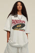 Close-up of phonograph graphic on oat grey tee.