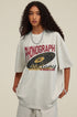 Zoomed detail of light grey tee with phonograph design