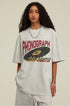 Zoomed detail of oat grey tee with phonograph design.