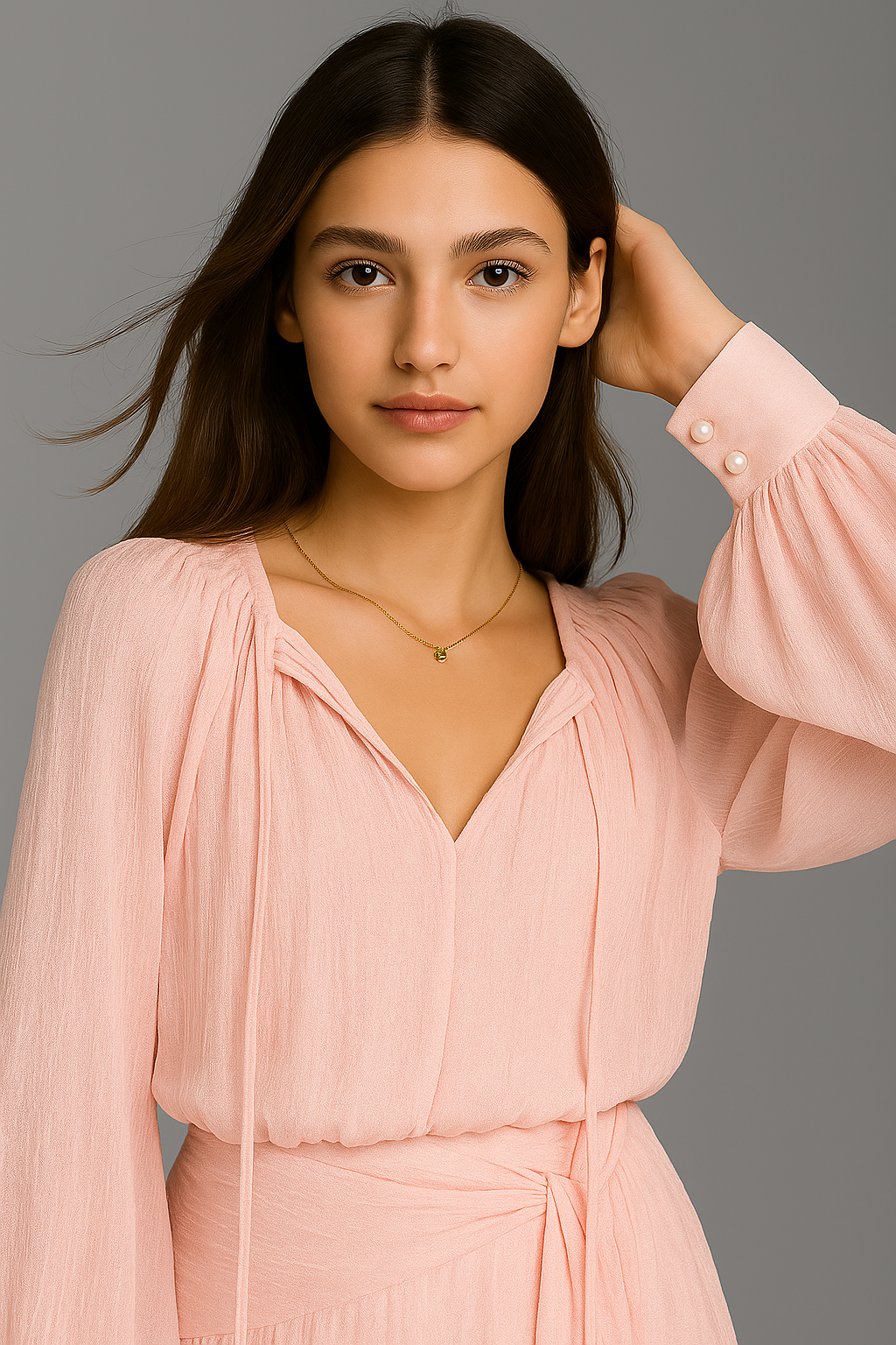 Close up of woman wearing a pink ruffle set against a gray background