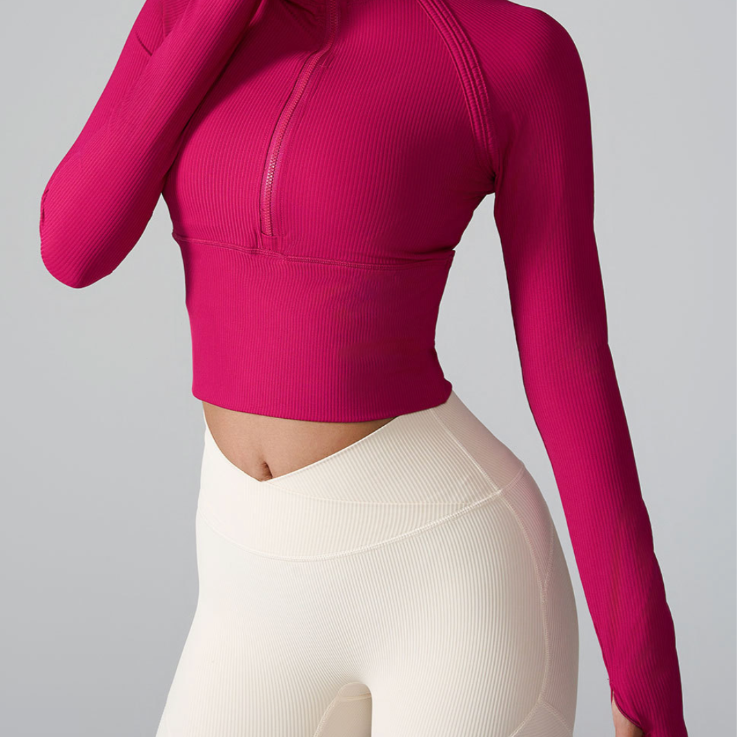 Pink cropped yoga jacket half zip slim fit long sleeve top