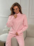 Pink 2 piece knit outfit with zip jacket and casual wide leg pants