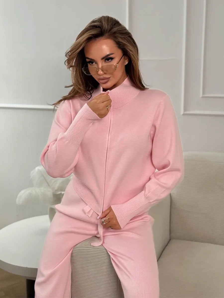 Pink 2 piece knit outfit with zip jacket and casual wide leg pants
