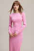 Close-up of pink ribbed long sleeve bodycon dress, crew neck, waist shaping