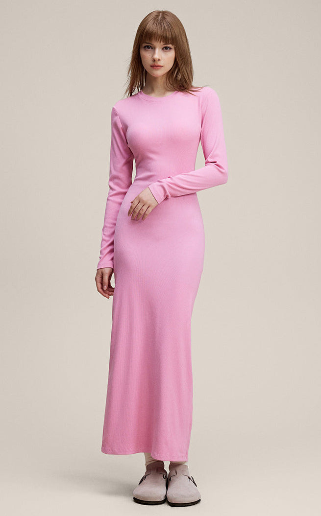 Pink ribbed long sleeve bodycon dress, full length, relaxed stance