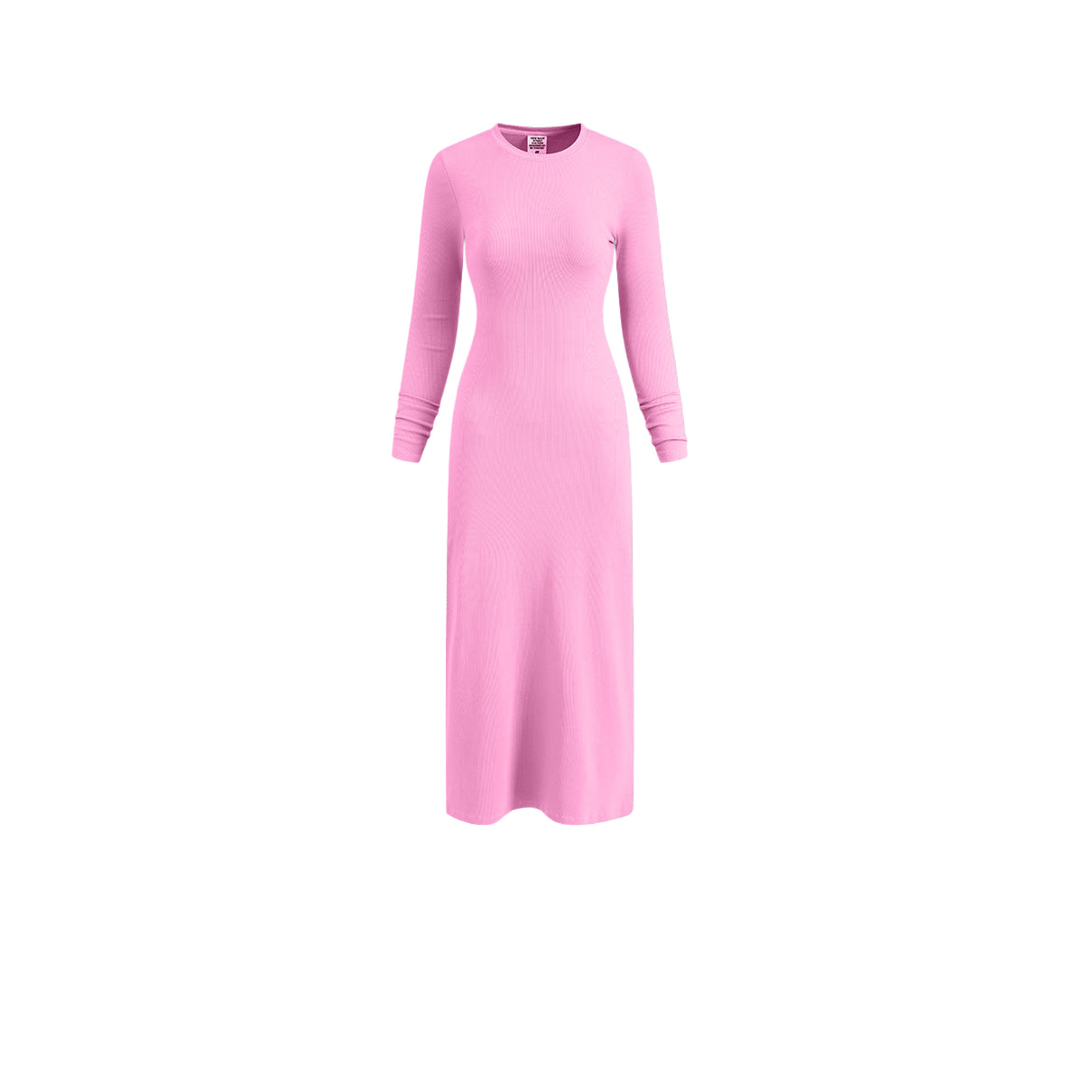 Pink long sleeve bodycon dress, ribbed knit maxi, front view