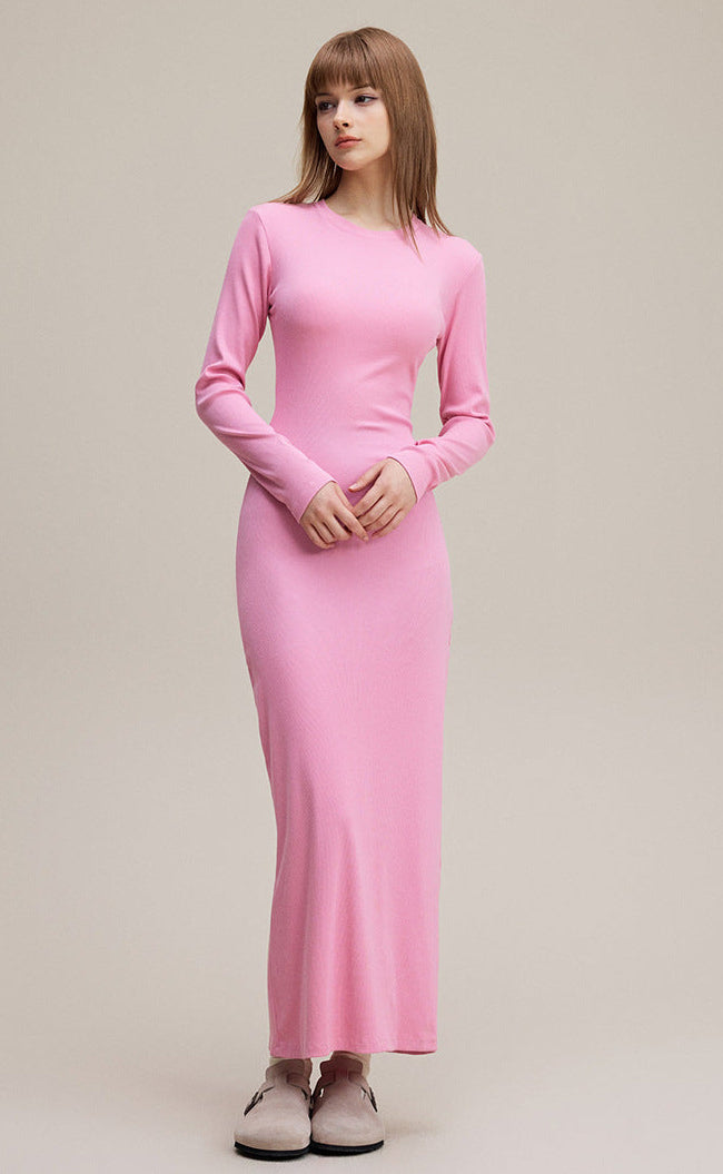 Pink long sleeve bodycon dress for women, ribbed knit maxi, front view