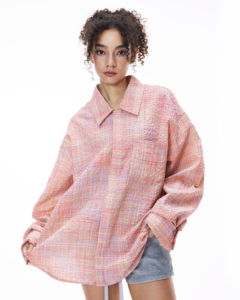 Pink plaid shirt back view, loose fit and yoke seam