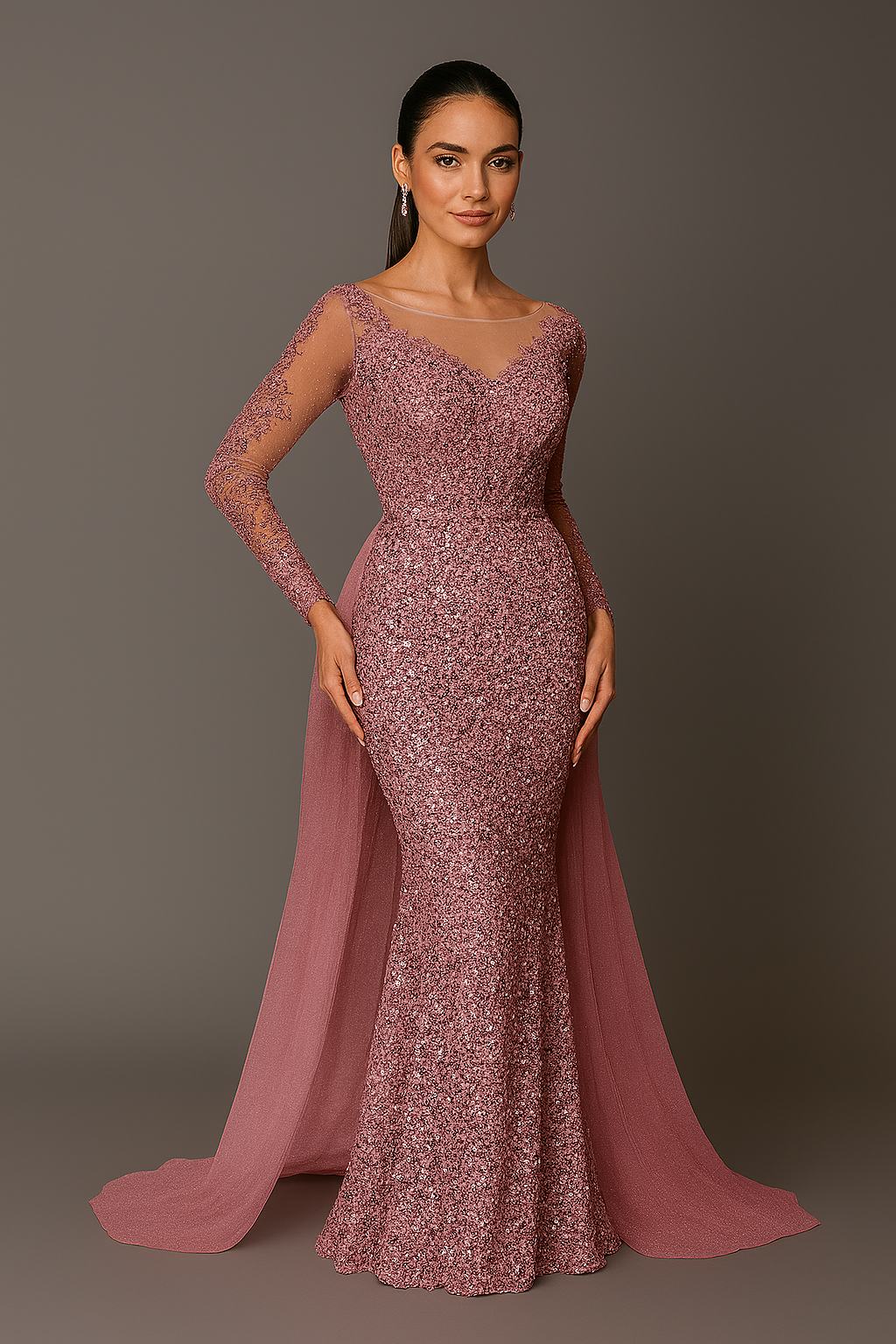 Woman wearing a pink sequin evening gown against a gray background