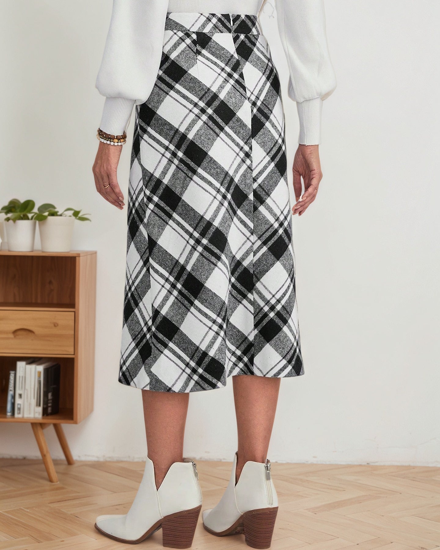plaid a-line midi skirt high waist outfit angled view