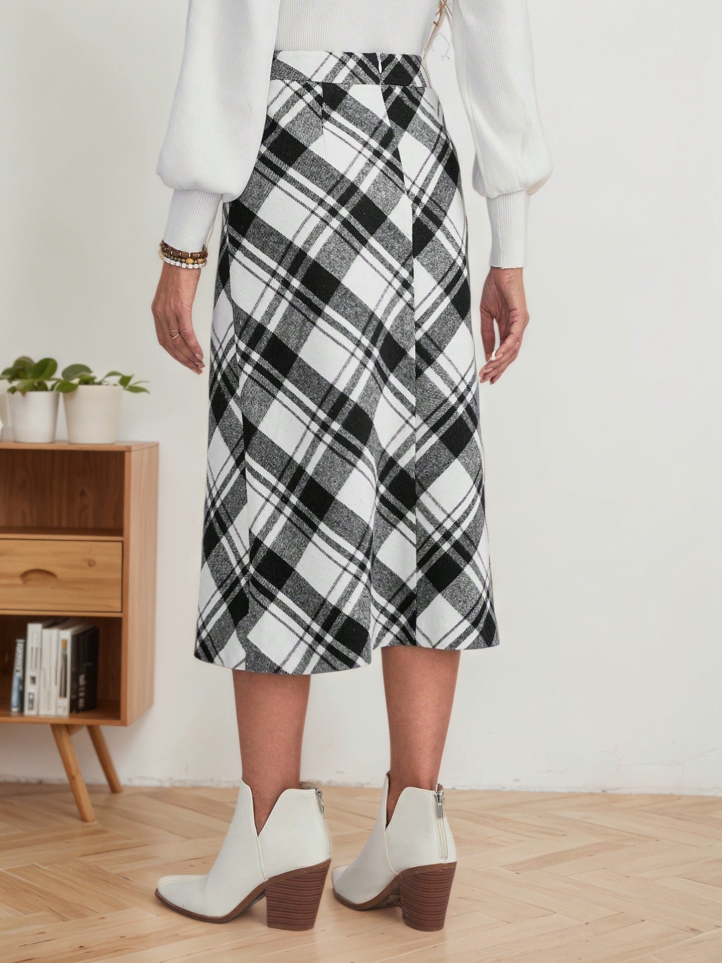 plaid a-line midi skirt high waist outfit angled view