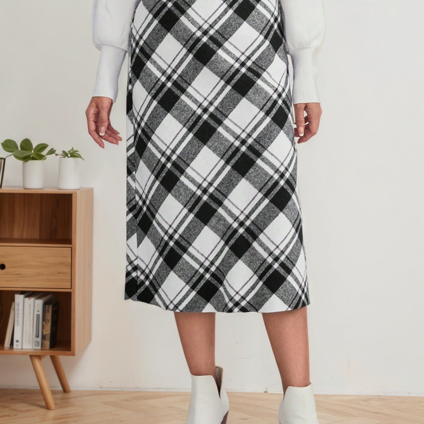 black white plaid high waisted a-line midi skirt front view
