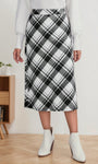 black white plaid high waisted a-line midi skirt front view

