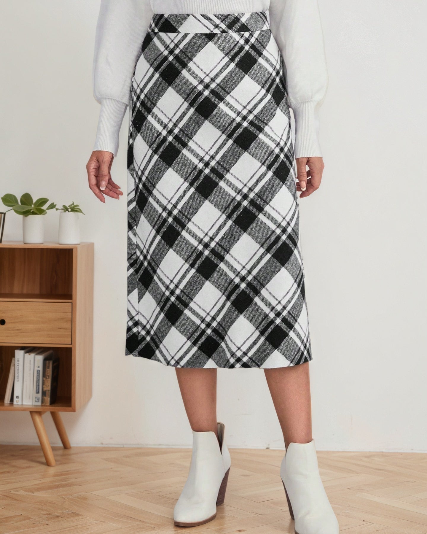 black white plaid high waisted a-line midi skirt front view
