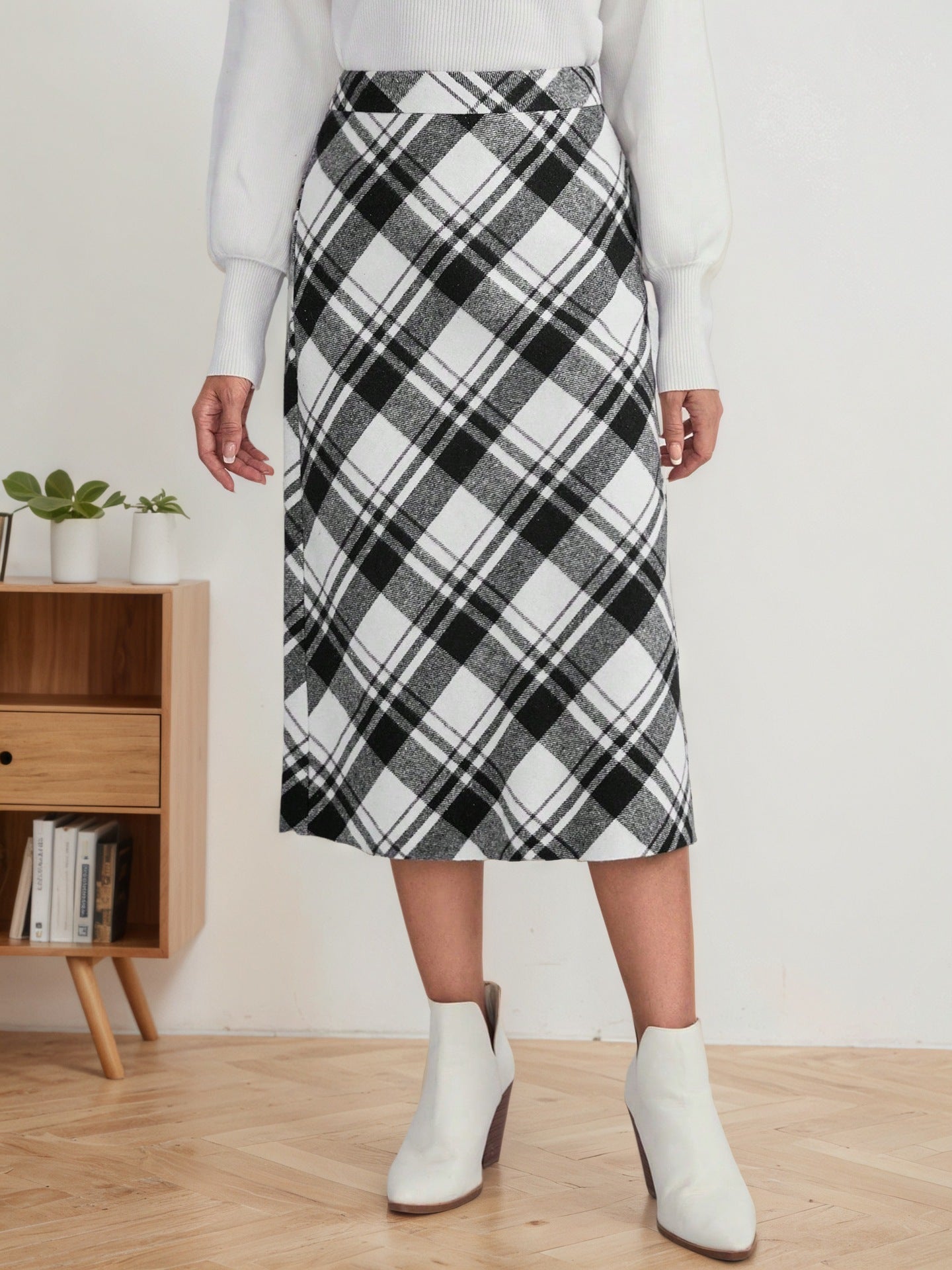 black white plaid high waisted a-line midi skirt front view
