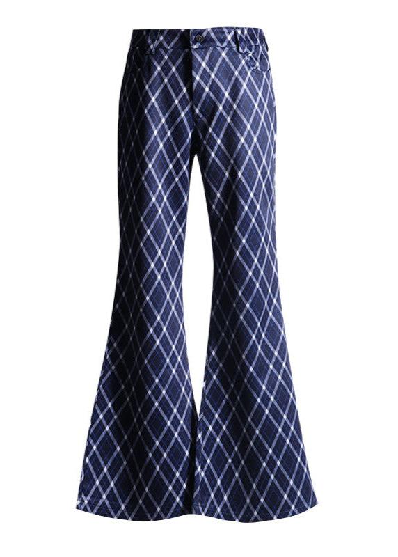 Flat lay of blue plaid high-waist flared pants with a bold check pattern.