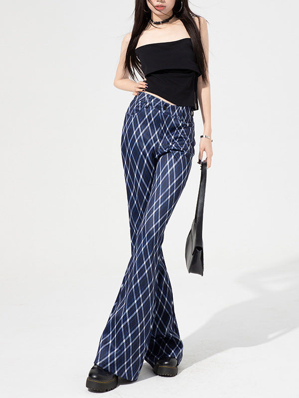 Side view of blue plaid wide-leg pants with fitted waist and bold checkered pattern.