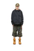 Washed black plaid hood zip-up hoodie styled with camo shorts and work boots