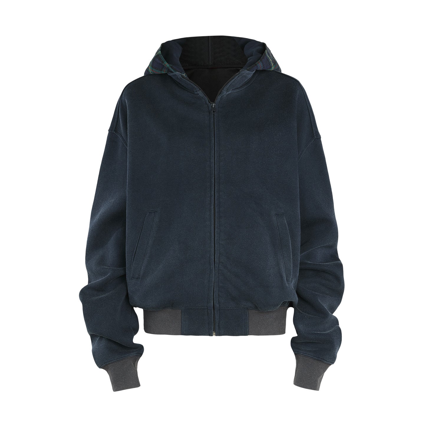 Washed navy oversized zip-up hoodie isolated on white with contrast plaid hood