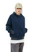 Front close view of the navy oversized hoodie with full zipper and welt pockets