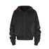 Washed black plaid hood zip-up hoodie isolated on white with full front zipper