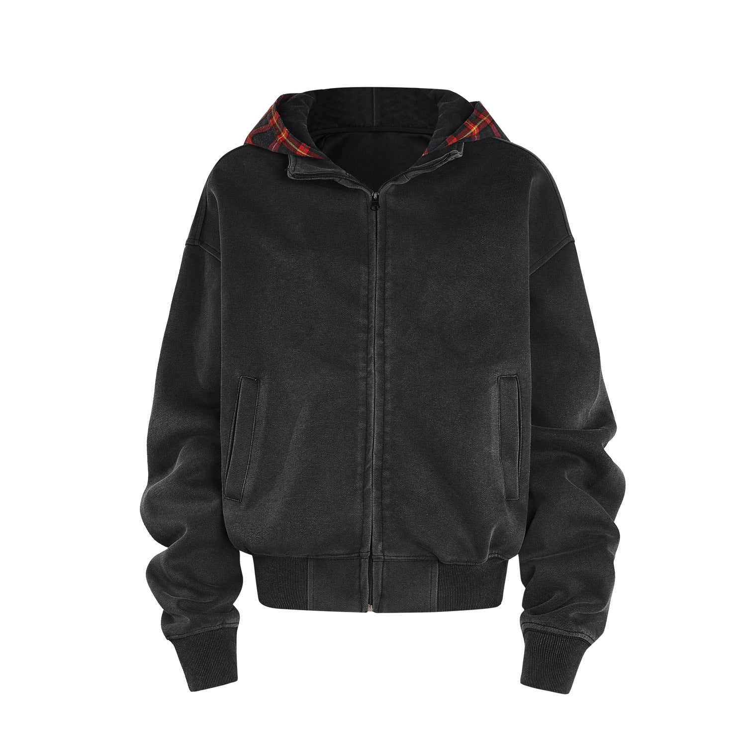 Washed black plaid hood zip-up hoodie isolated on white with full front zipper