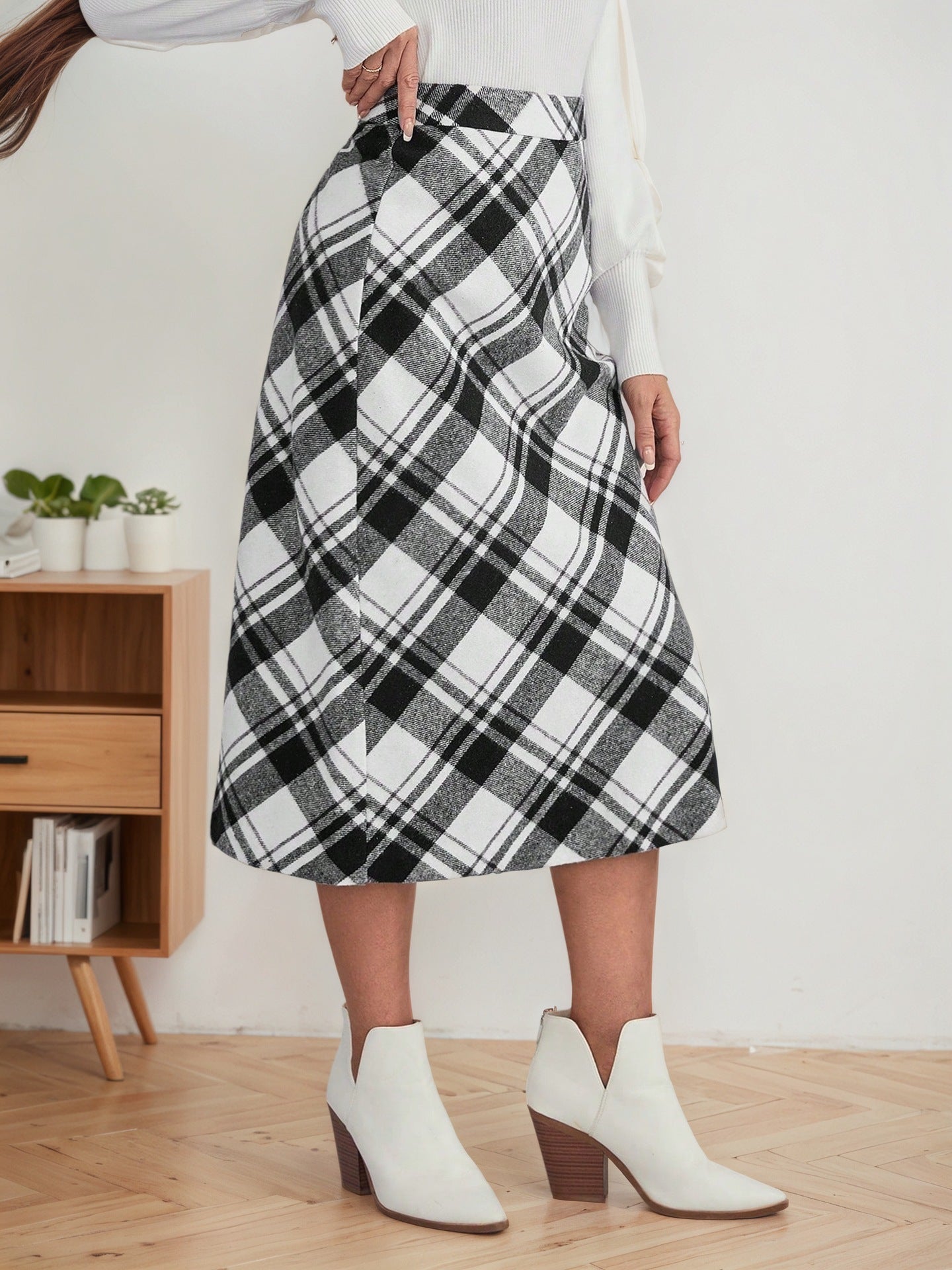 black white plaid midi skirt side view high waisted