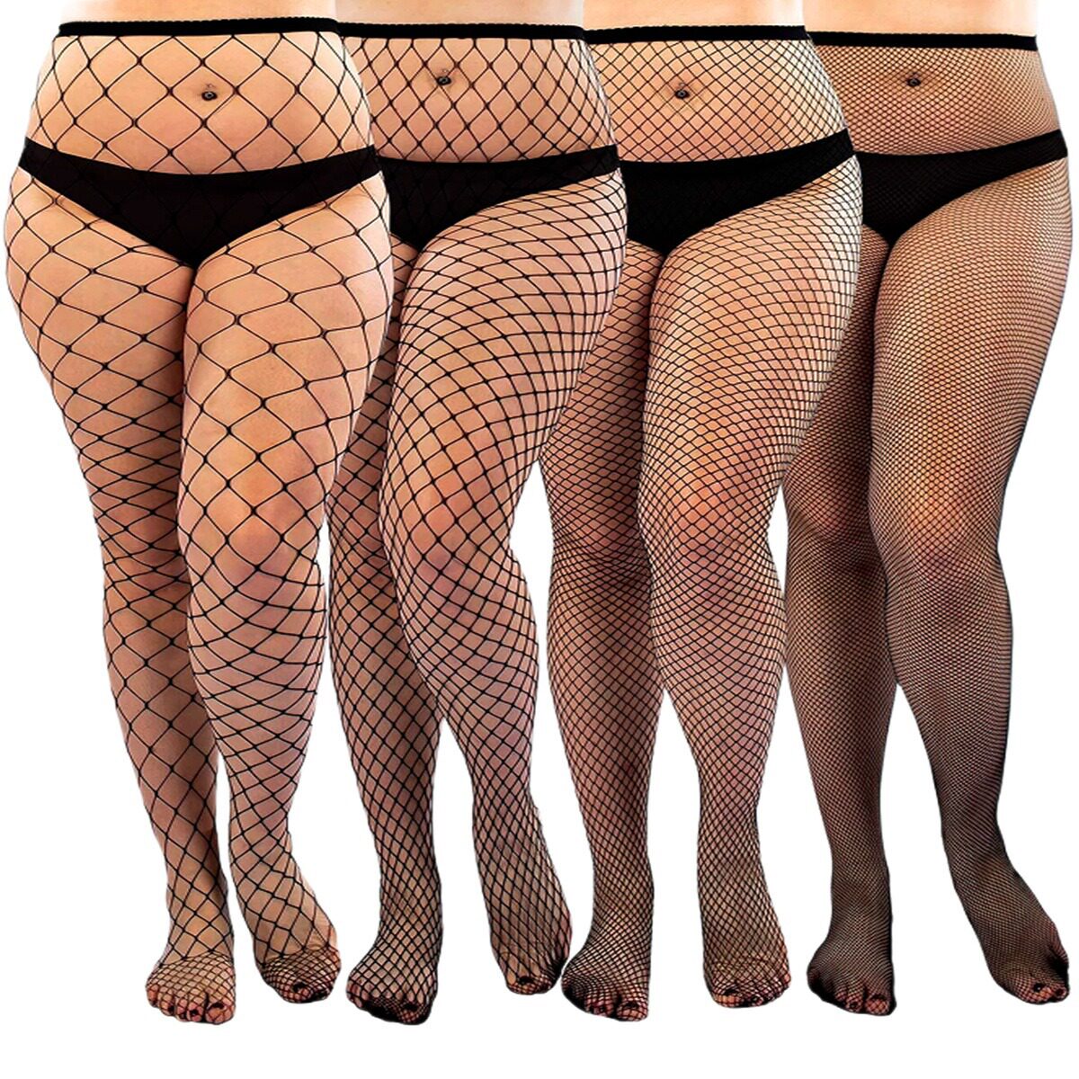 Four black fishnet tights variants shown side by side from large to small diamond mesh