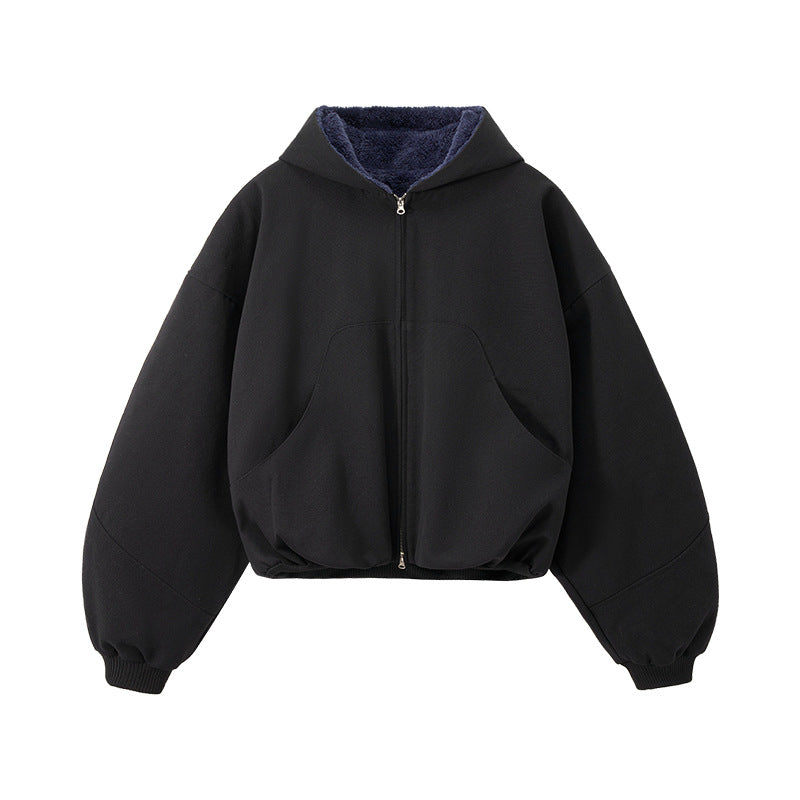 Black plush zip jacket, flat lay front with hood.