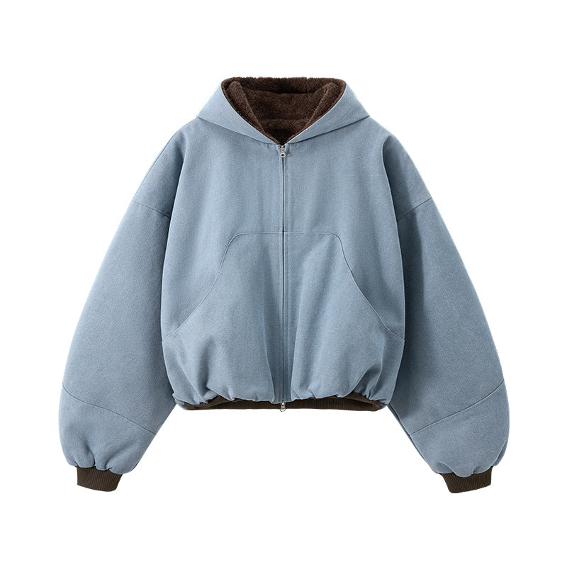 Blue plush zip jacket, flat lay front with fleece hood.