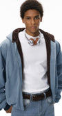 Blue plush zip jacket, fleece hood, on-body front view.