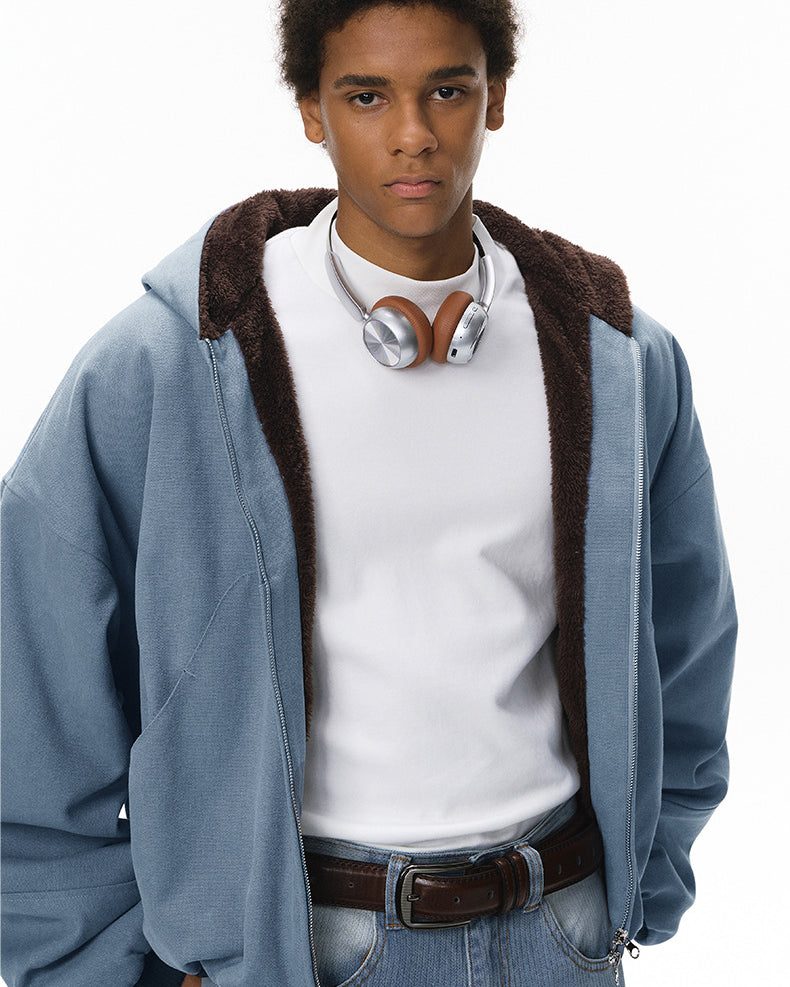 Blue plush zip jacket, fleece hood, on-body front view.
