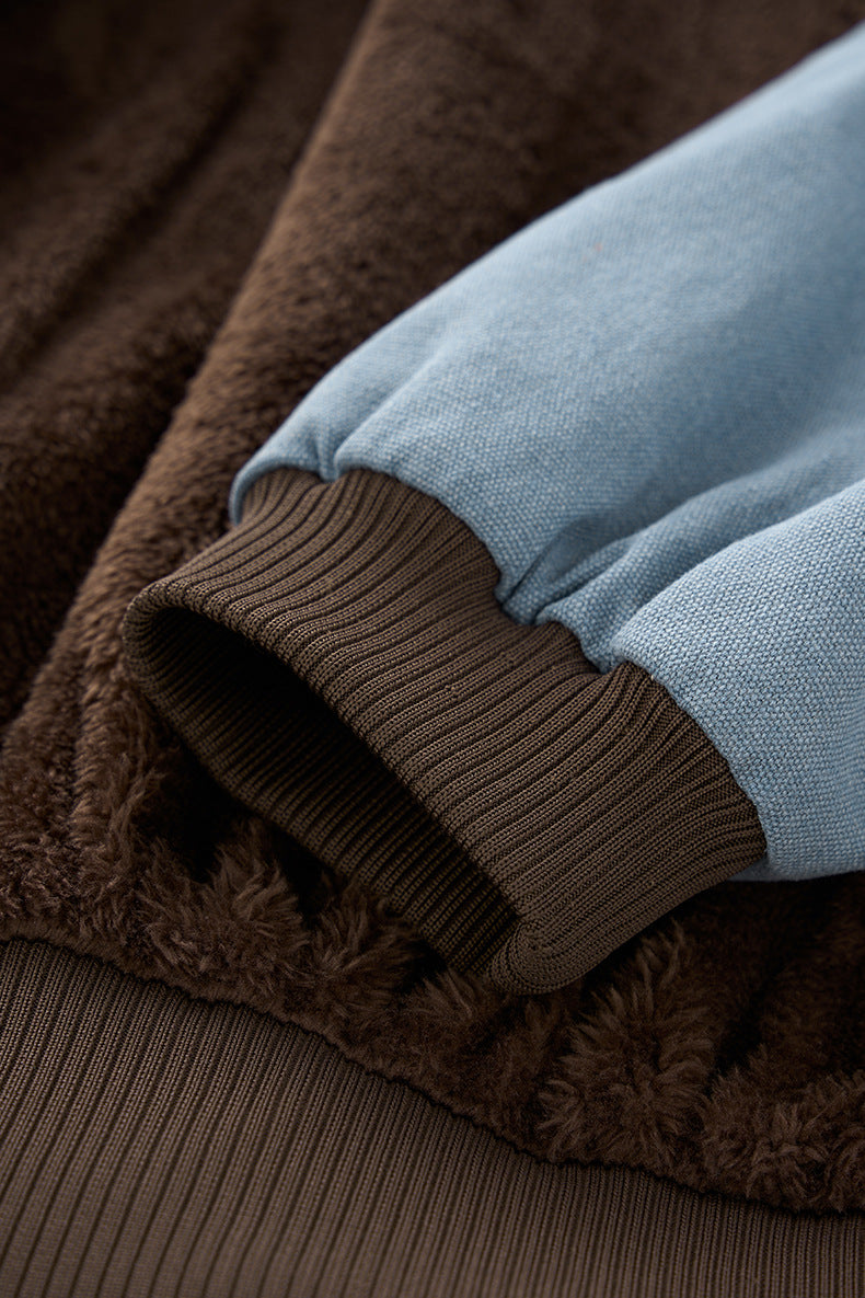 Rib cuff and fleece lining detail, plush zip jacket.