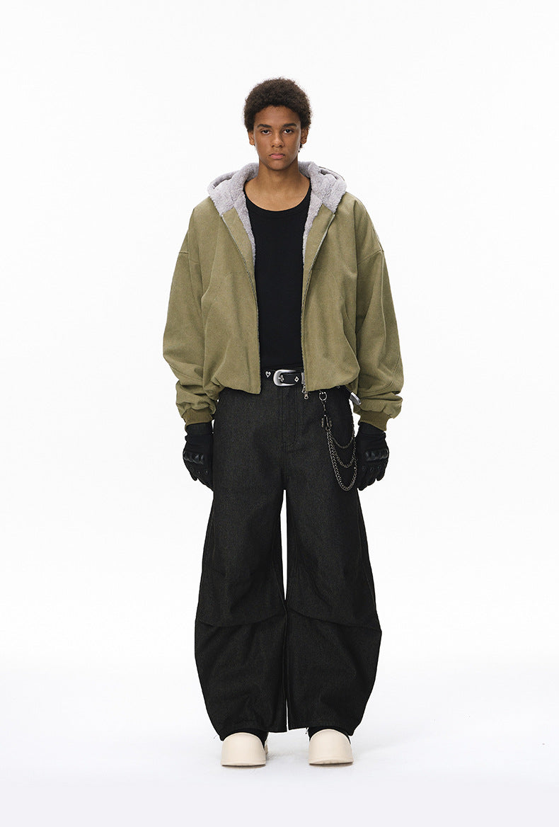 Green plush zip jacket, front stance, casual.