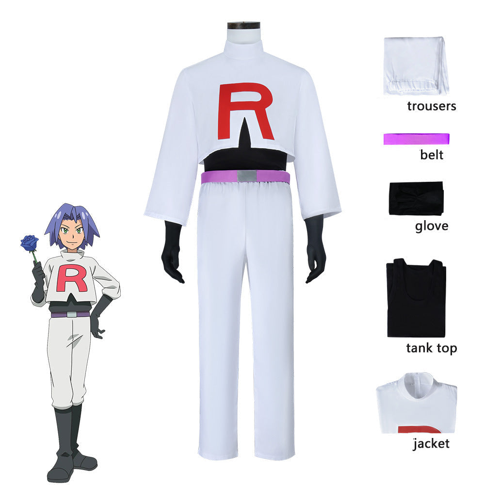Team Rocket James cosplay costume pokemon white outfit with red R top and purple belt