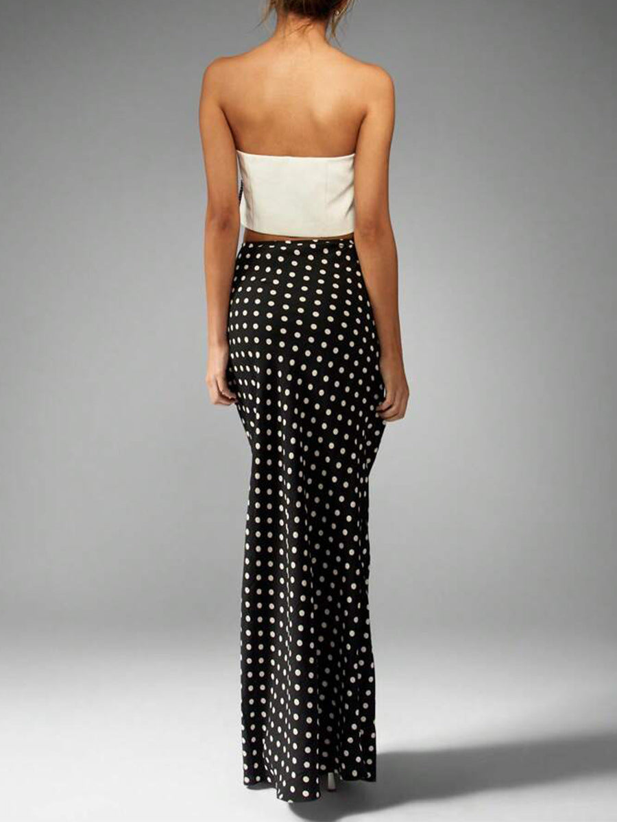 back view polka dot column maxi skirt, high waist, straight hem