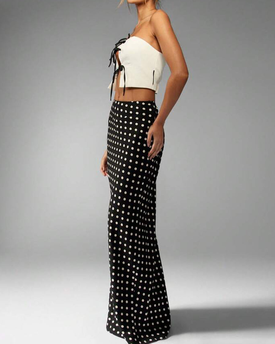 side view polka dot high-waist maxi skirt, ankle length, smooth drape