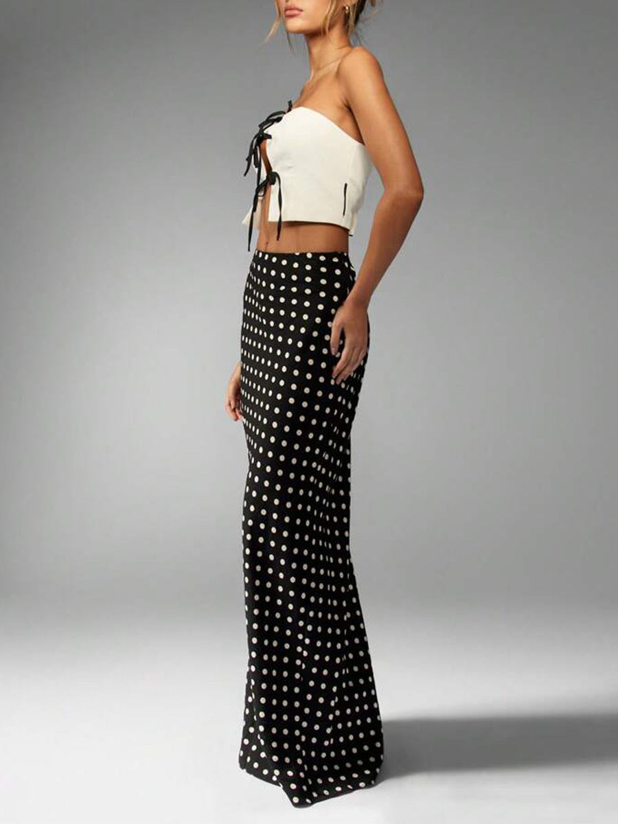 side view polka dot high-waist maxi skirt, ankle length, smooth drape