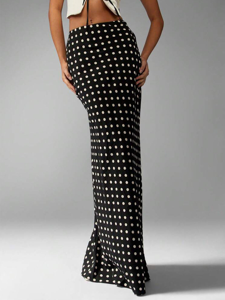 three-quarter front polka dot maxi skirt, high waist, slim column fit