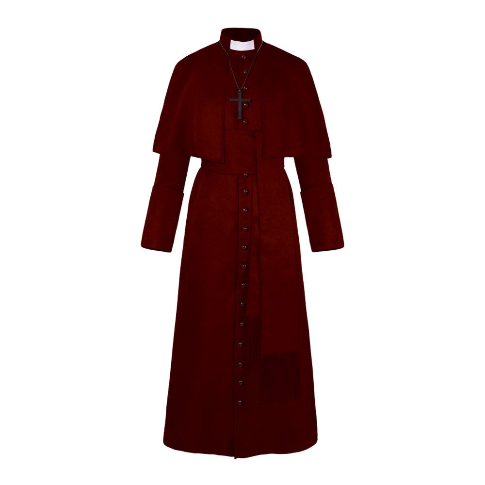red priest costume robe for halloween with long button front