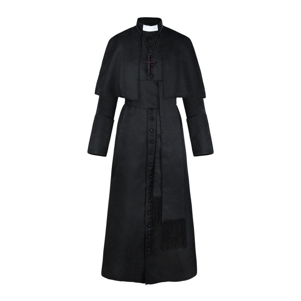 priest robe halloween costume in black with cross necklace