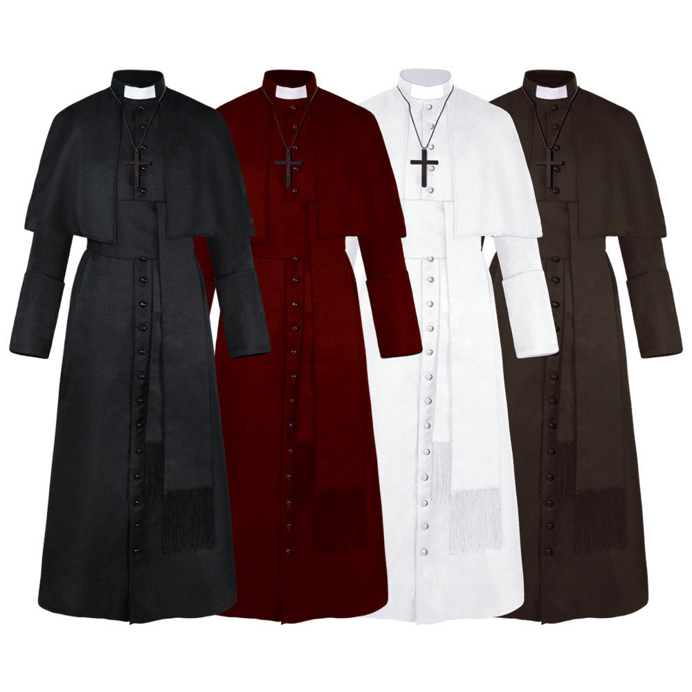 Four long robes in black, red, white, and brown with visible buttons and crosses on a white background.