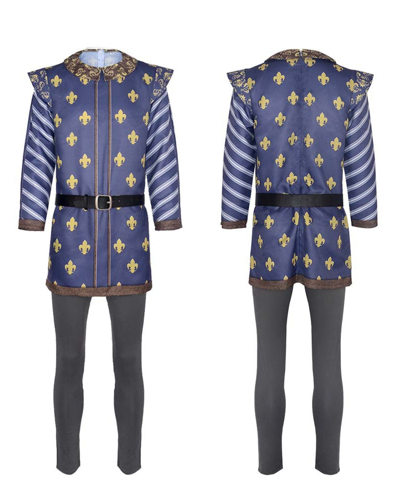 prince charming cosplay blue medieval costume front and back view with gold pattern