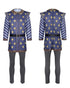 prince charming cosplay blue medieval costume front and back view with gold pattern