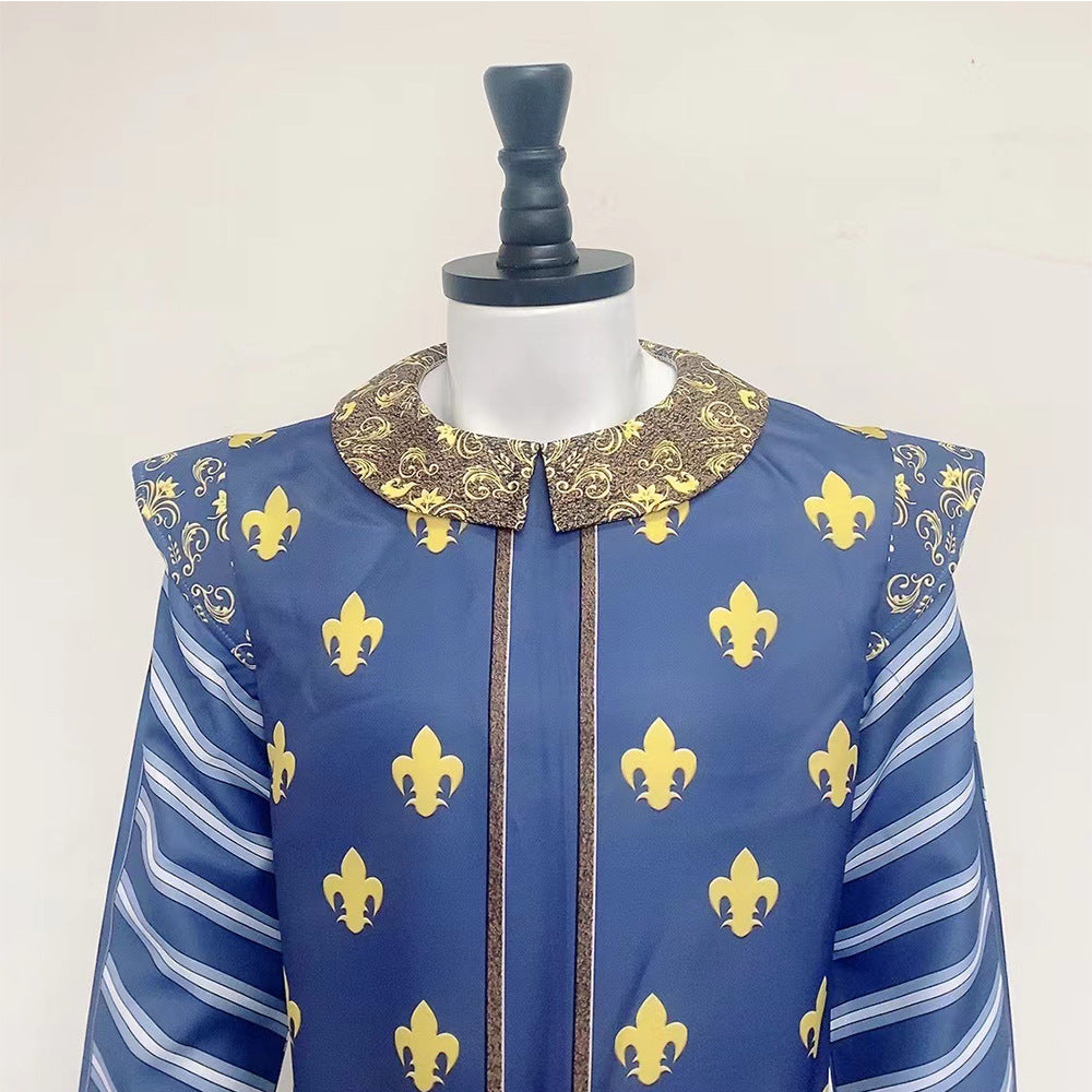 prince charming shrek cosplay costume gold embroidered collar and blue tunic detail